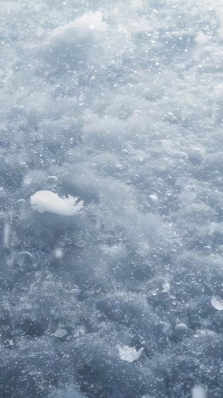 Vertical video: Shifting water currents carrying white feather at surface, moving foam and bubbles