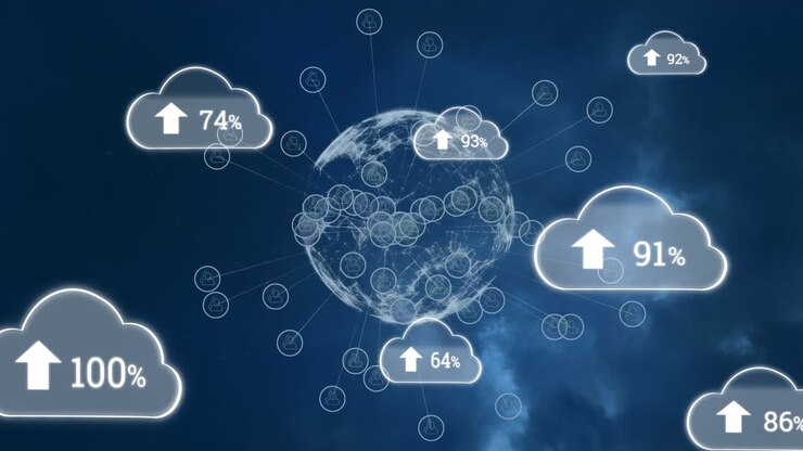 Animation of clouds with uploading over globe rotating with diverse icons