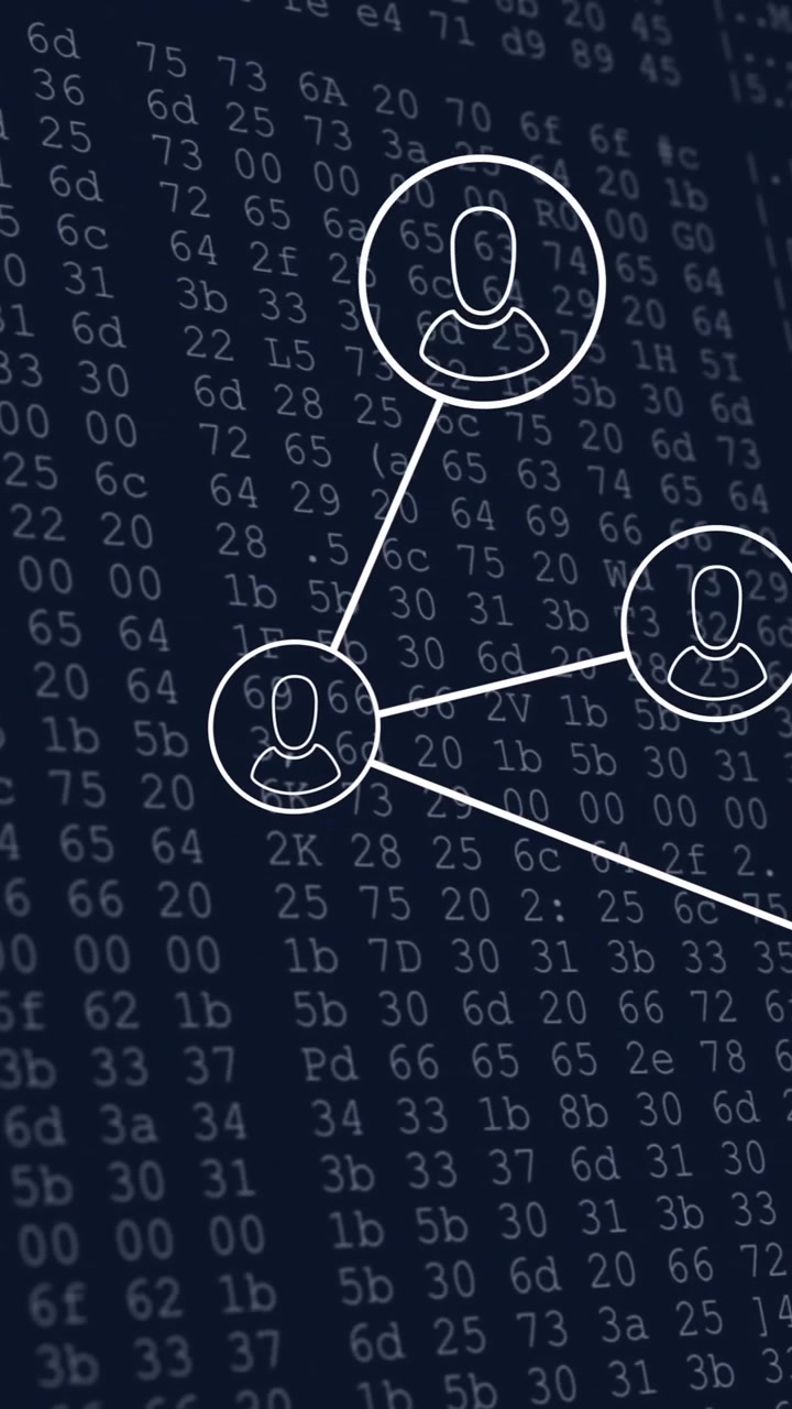 Animation of network of connections over data processing on black background