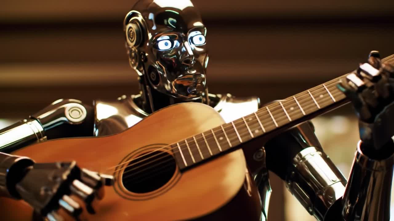 A Robotic Performer Strums an Acoustic Guitar with Gleaming Metallic Features and Captivating LED Eyes, Merging Technology and Art with a Unique Musical Showcase