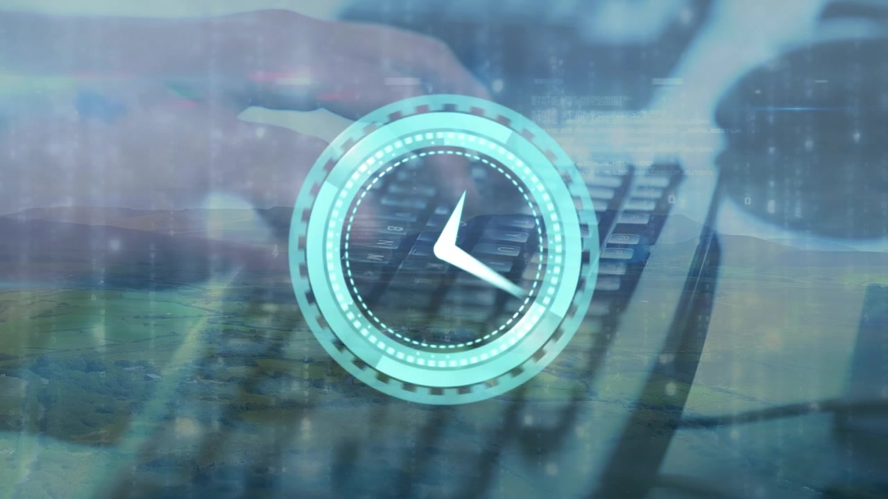 Animation of moving clock and data processing over hands typing on keyboard and landscape