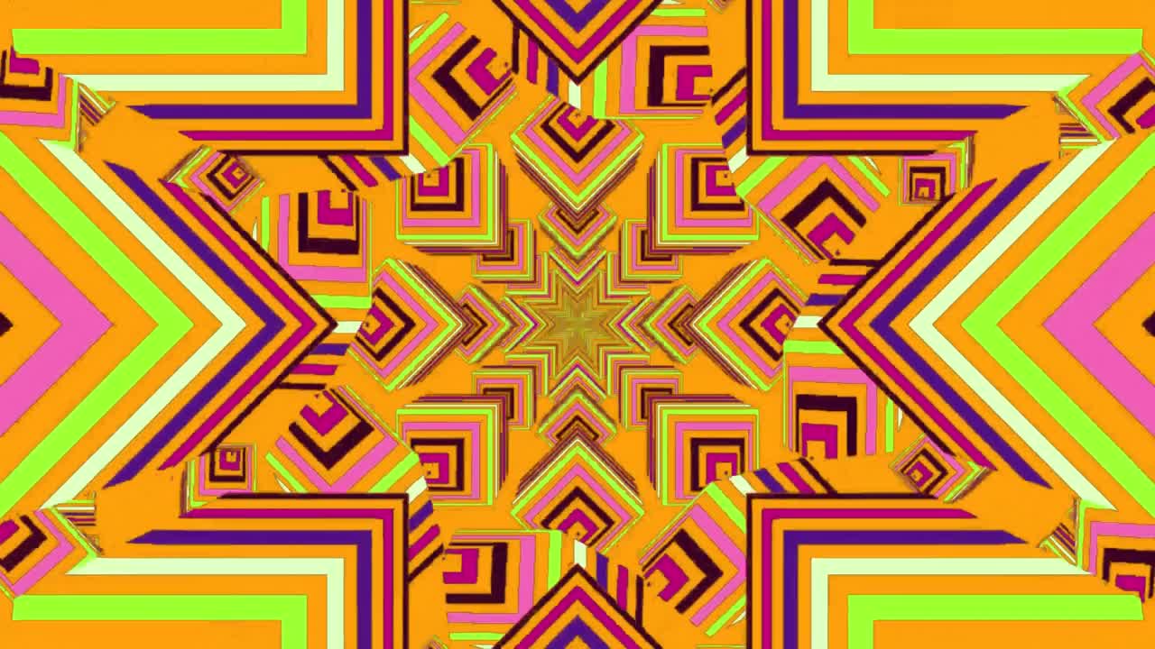 노란색 뒷면에 대해 최면적인 움직임으로 움직이는 다채로운 칼레이도스코프 모양의 디지털 애니메이션