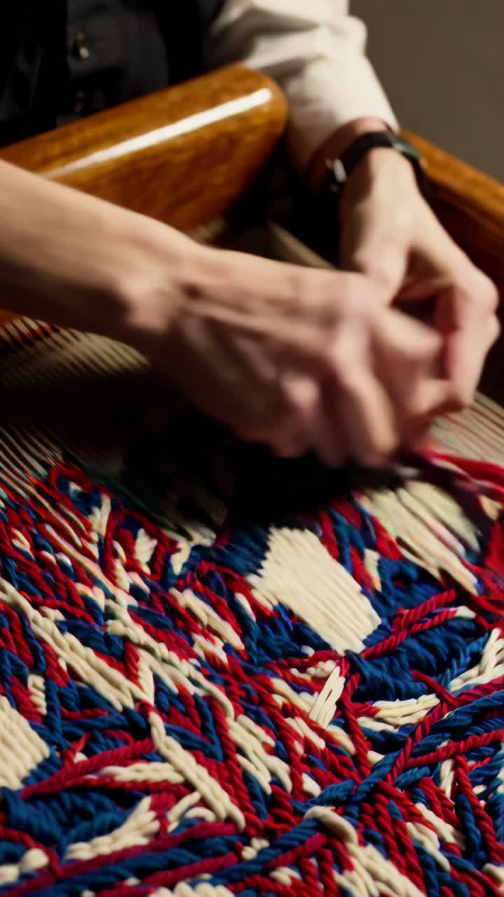 Close up of hands weaving a tapestry