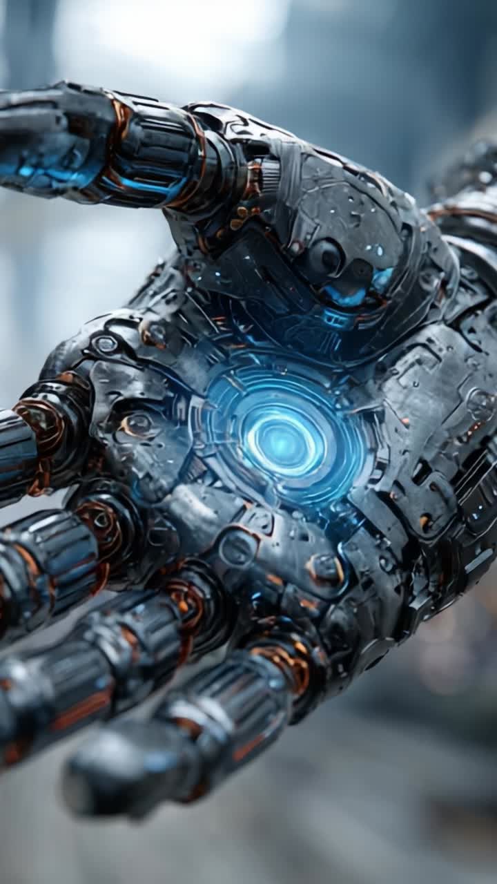 Futuristic Robotic Hand Extending with Pulsating Light Core, Showcasing Advanced Technology in a High-Tech Environment