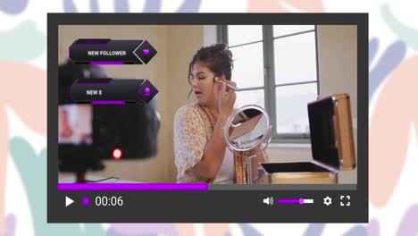 Animation-Des-Social-Media-Bildschirms-über-Einer-Kaukasischen-Frau,-Die-Zu-Hause-Einen-Videoblog-Erstellt
