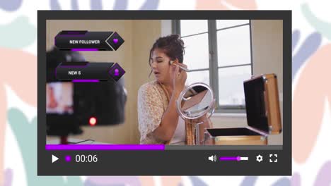 animación de la pantalla de las redes sociales sobre una mujer caucásica haciendo un video blog en casa