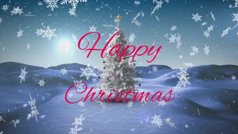 Animation-of-christmas-greetings-text-and-snow-falling-over-christmas-tree