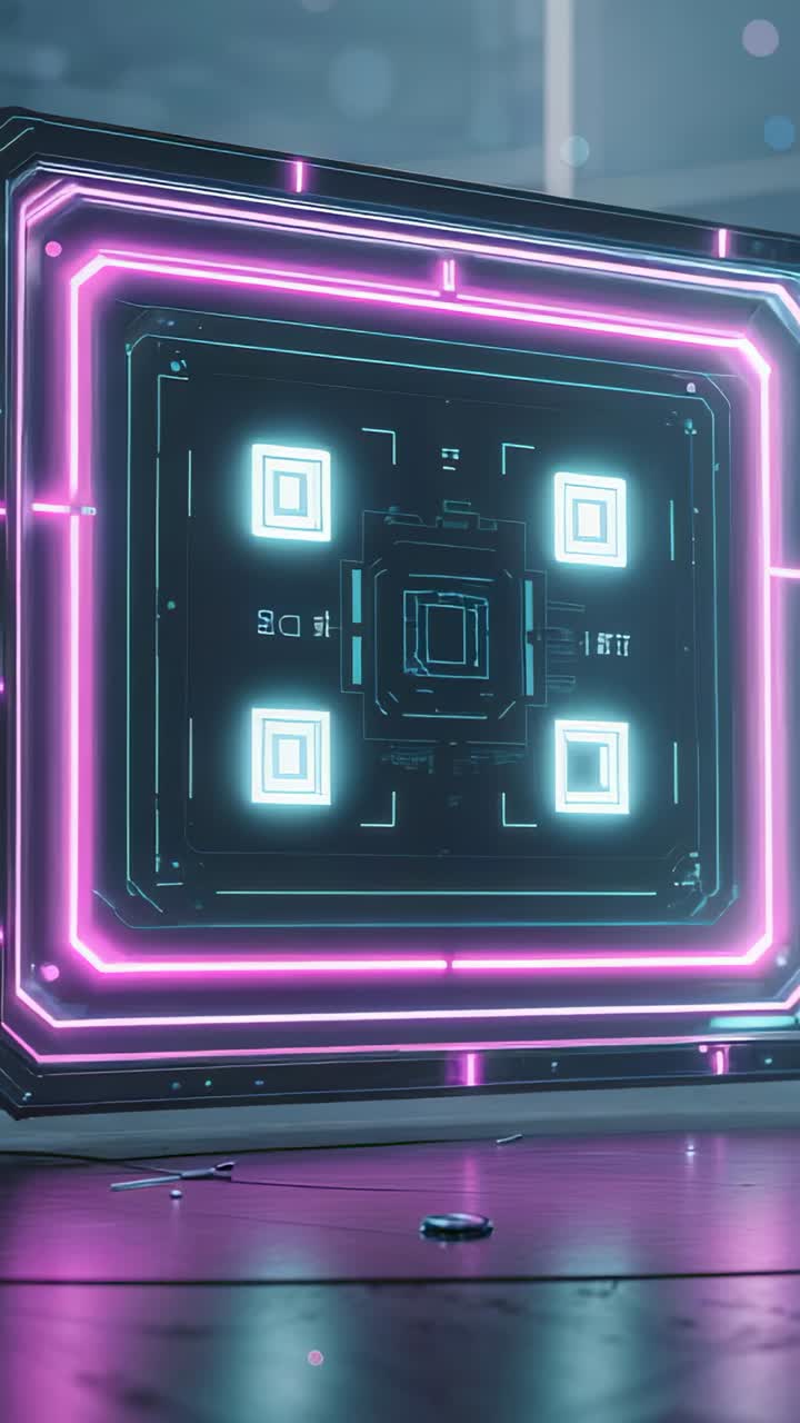 Vertical video: Camera shifting revealing neon panel in control room, with cyan squares and debris