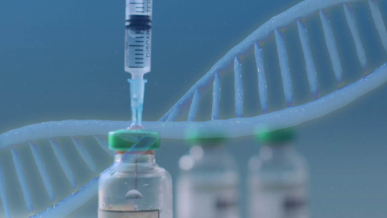 Syringe drawing liquid from vial over DNA strand animation