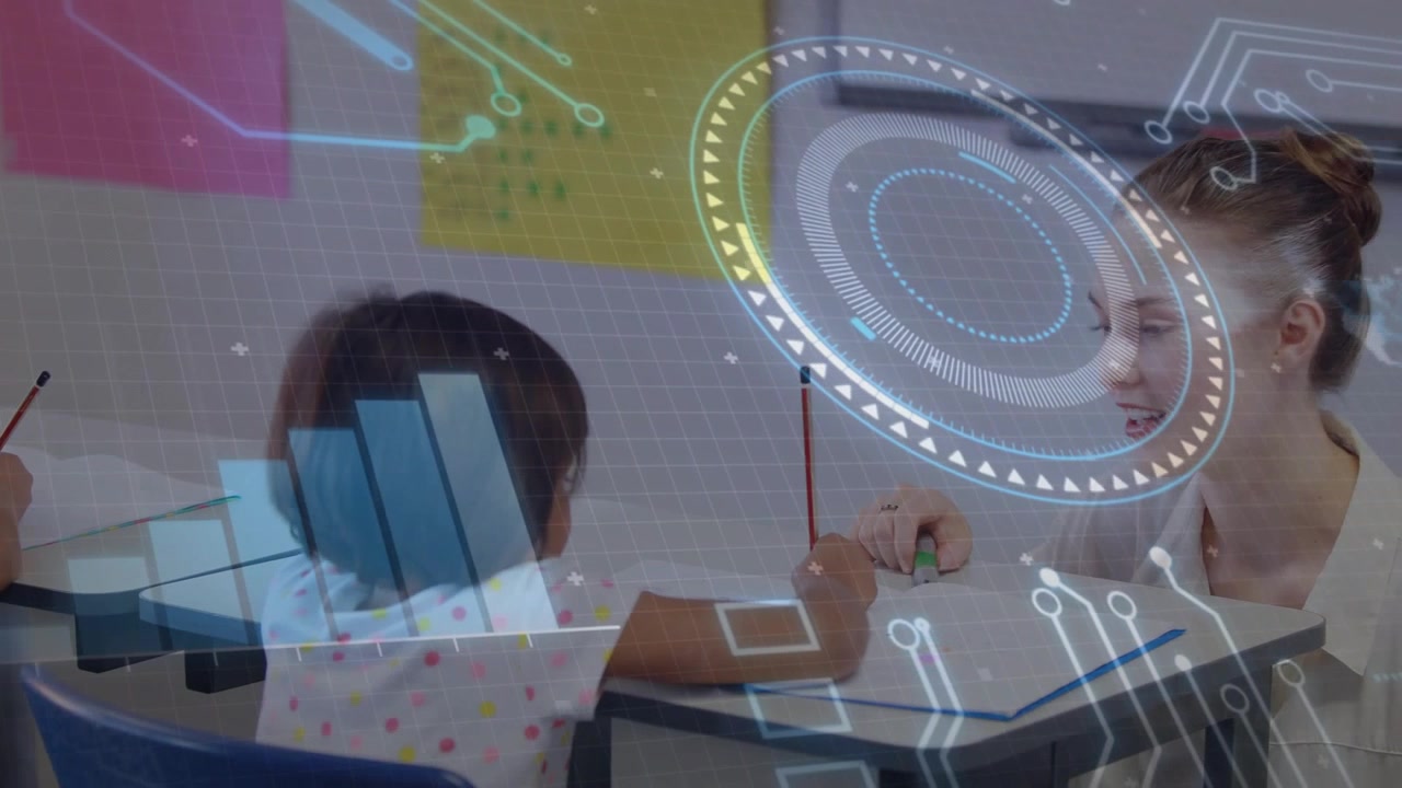 Teacher placing green eraser beside pupil guiding pencil in notebook HUD chart animating for school