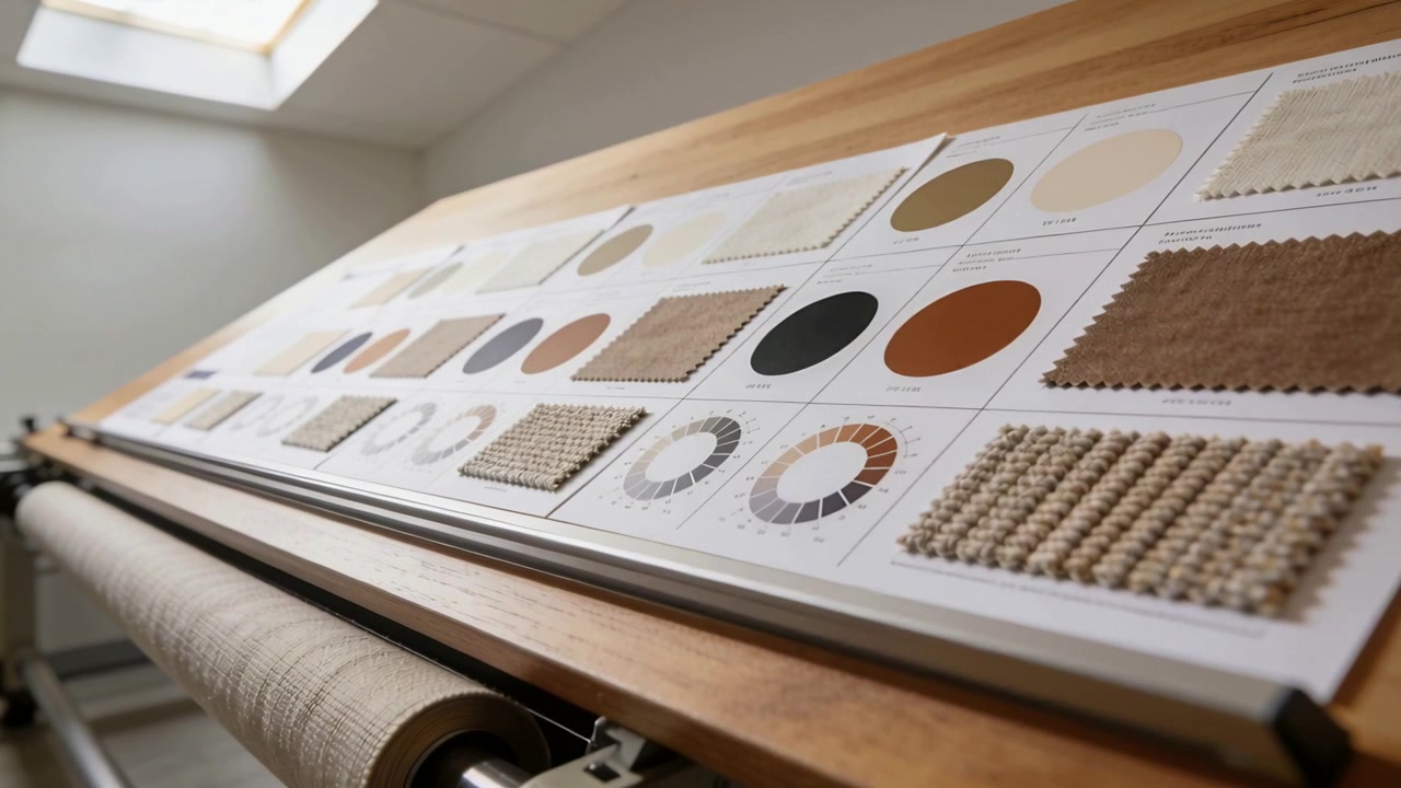 Shifting camera showing angled board in workshop, focusing on swatches and color wheels for review