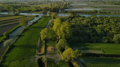 Aerial-view-of-a-swamp-at-sunset,-near-Clairmarais-France