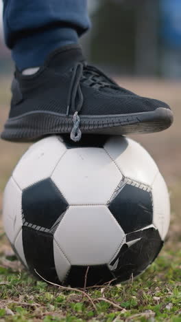 close-up of someone's leg on a soccer ball on a grassy field with a blurred background