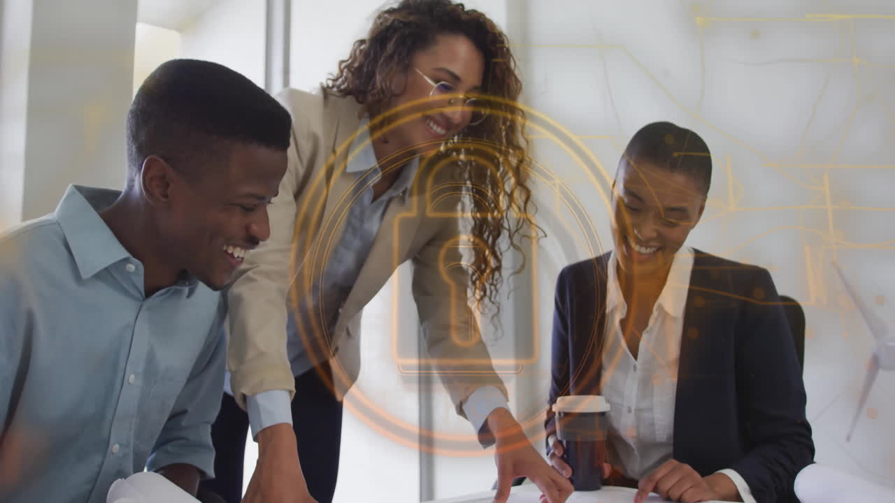 Collaborating in office, diverse business team discussing with microphone animation overlay