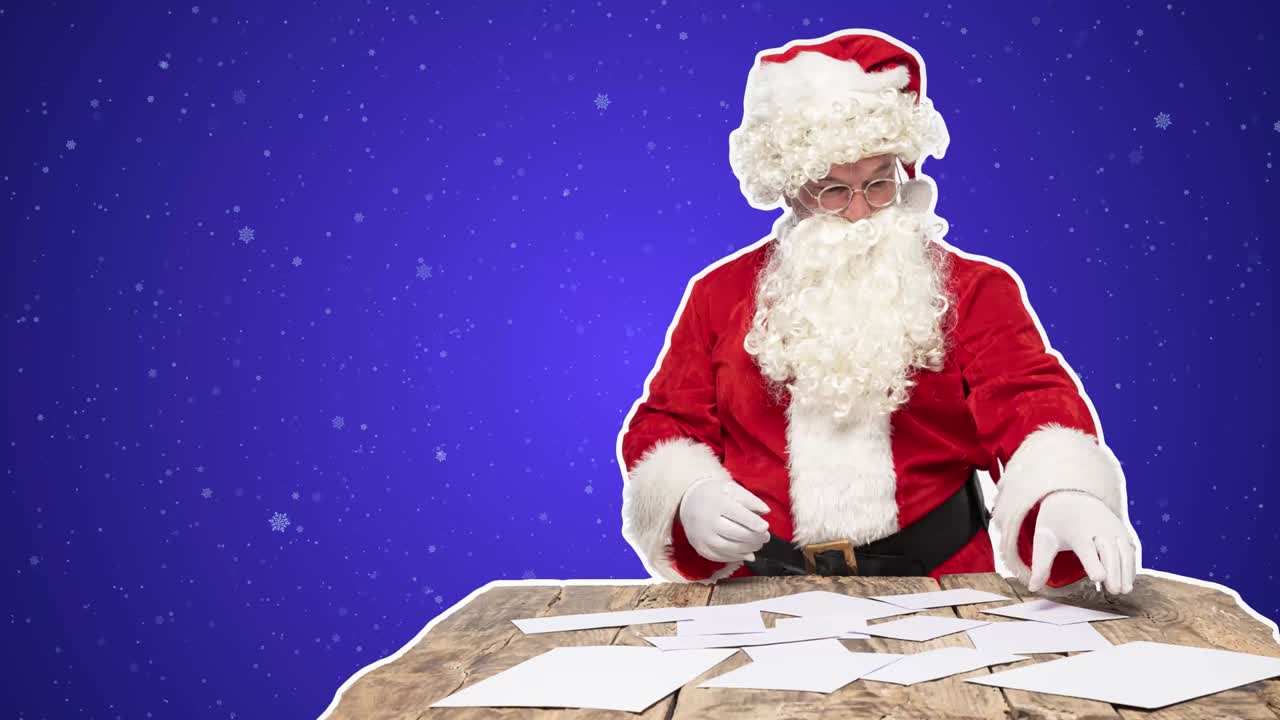 santa alegre clasificando cartas, divirtiéndose. feliz navidad, año nuevo. diseño de stop motion, animación de arte. celebración alegre. gracioso collaje de arte brillante 4k. concepto de fiesta y vacaciones