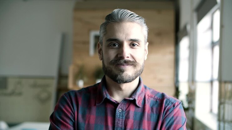 Vista frontale di un giovane uomo allegro e sorridente con i capelli grigi