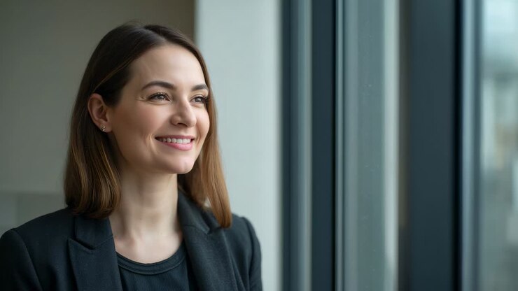 Morning light catching smiling woman in black blazer by office window, softening into calm
