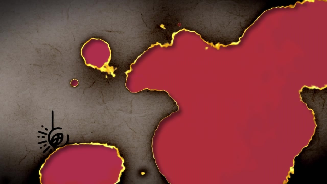 Animation of multiple abstract shapes moving on red background