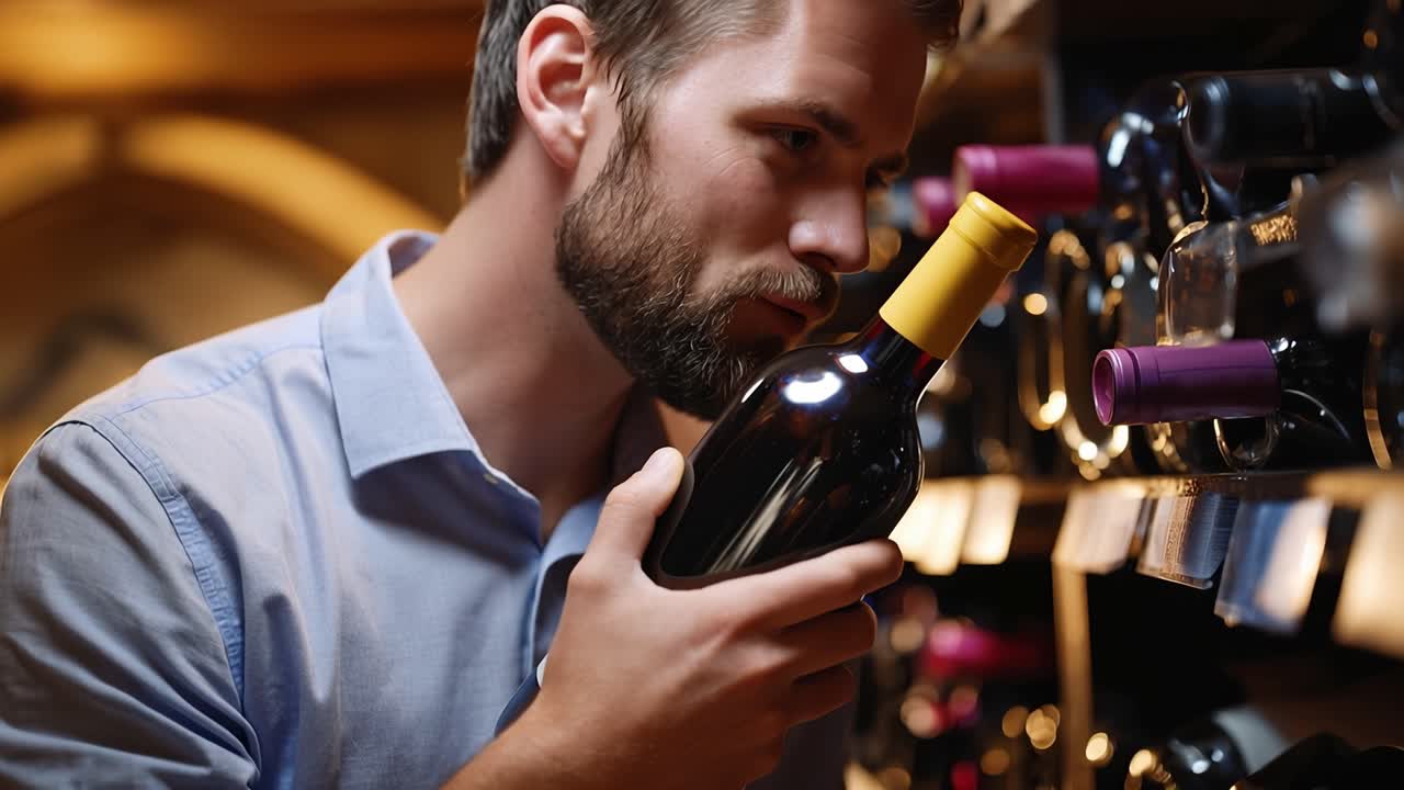 Un uomo tiene una bottiglia di vino, esaminandola da vicino. Una delicata messa a fuoco mostra curiosità e apprezzamento. L'illuminazione calda mette in risalto bottiglia e mani. Ideale per enoteche o eventi di degustazione.