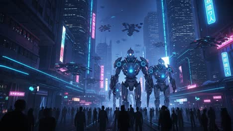 futuristic cityscape featuring giant robots and drones amidst a crowded urban environment with neon lights and dense skyscrapers in a dystopian setting