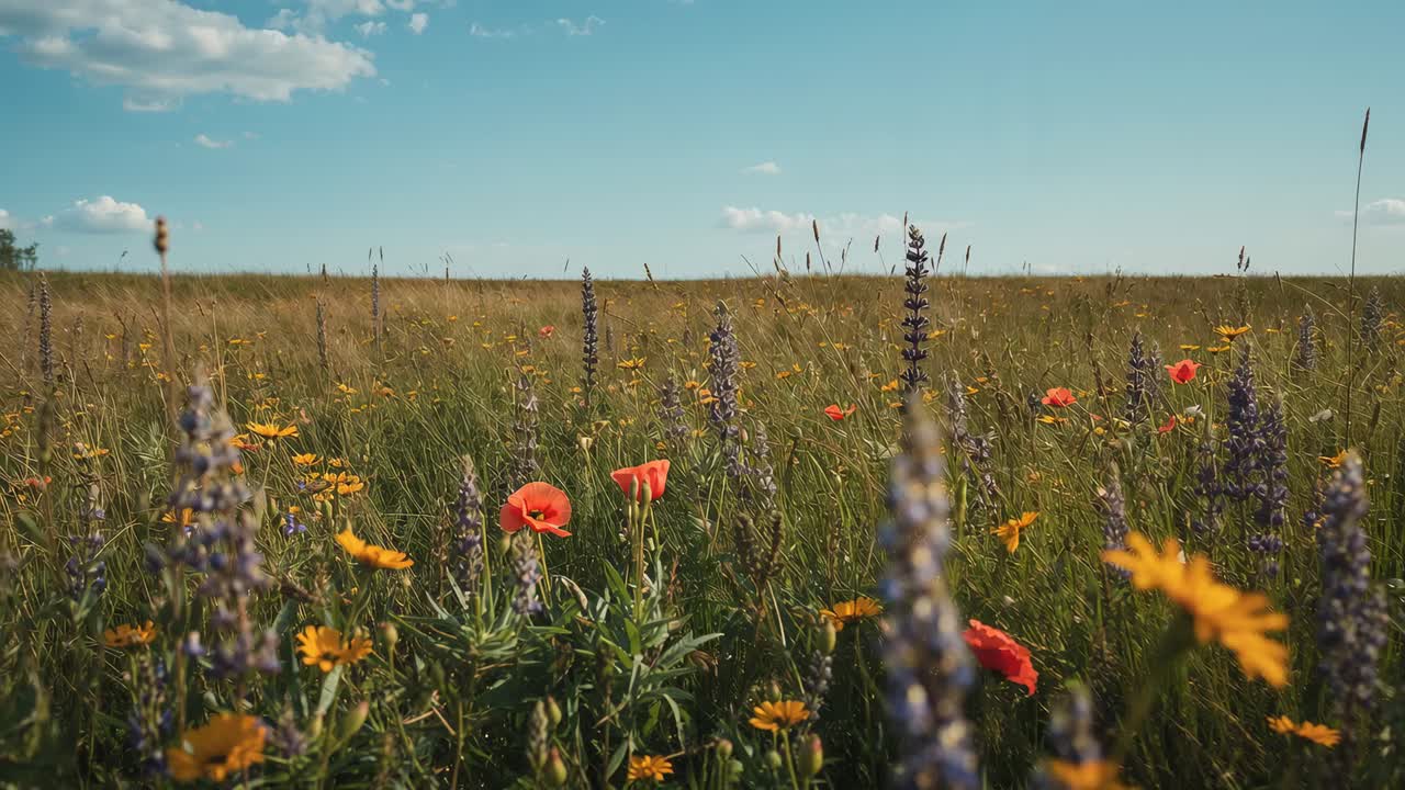 Camera pushing forward into meadow, showing orange poppies, purple spikes for close view