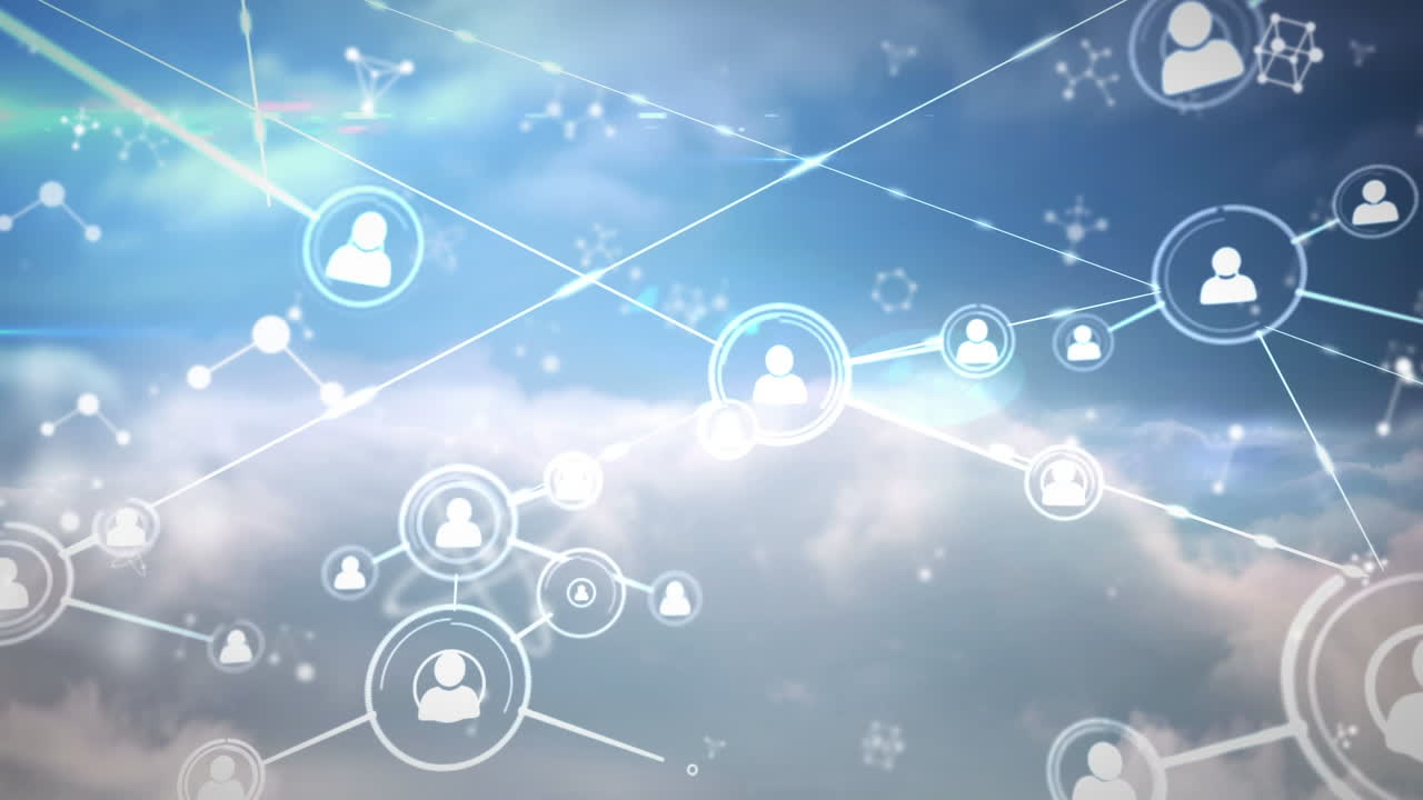 구름이 있는 하늘 위의 아이콘과 분자와 연결된 네트워크의 애니메이션