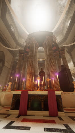 ancient temple interior with ornate pillars and altar