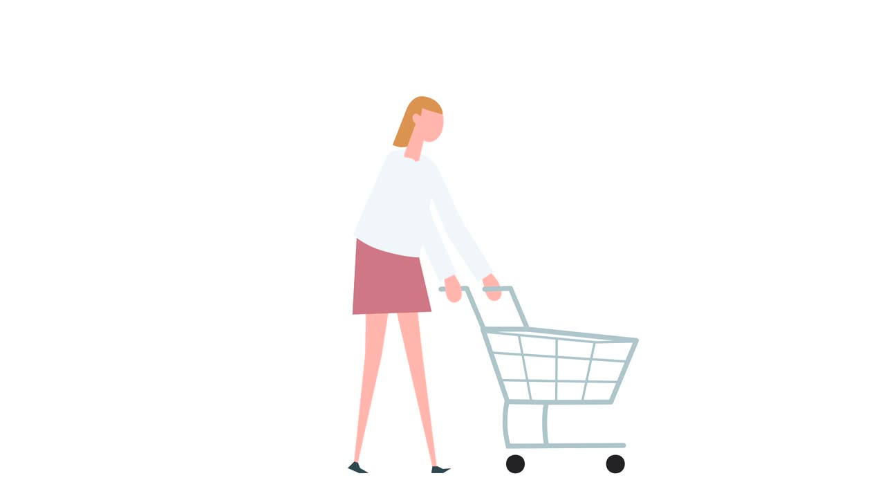 animación de personajes de mujeres coloridas. niña camina en bicicleta con la situación del carrito de compras