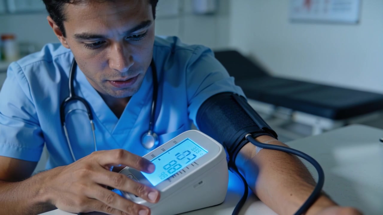 Medico in divisa chirurgica che tocca lo schermo, legge il monitor della pressione sanguigna in clinica e conferma la pressione con bracciale e stetoscopio.
