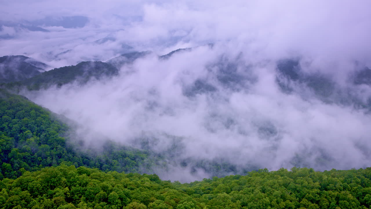 Drone soars above layers of fog blanketing the Appalachian spine