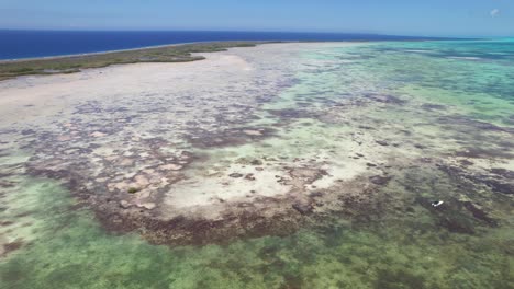 Los-roques-national-park,-clear-turquoise-waters-hugging-a-pristine-sandy-shoreline,-protected-area,-aerial-view