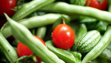 shallow focus healthy fresh green spinach leaf cucamelon cherry tomato salad bowl closeup top down dolly left