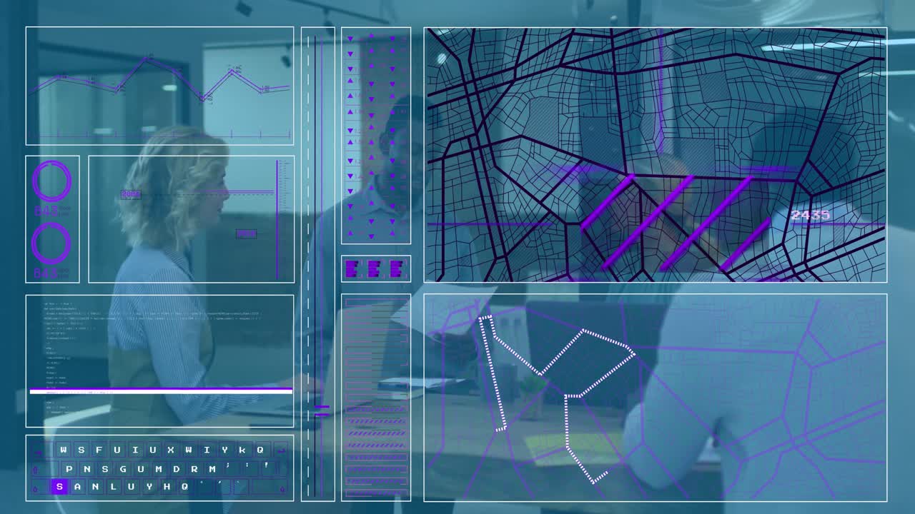 Animation of financial data processing over diverse business people working at office