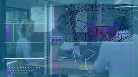 animación del procesamiento de datos financieros sobre diversas personas de negocios que trabajan en la oficina