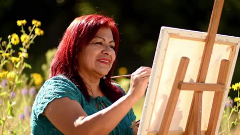 a passionate artist captures nature: a woman painting in a vibrant flower field, embracing creativity and nature's beauty in her art