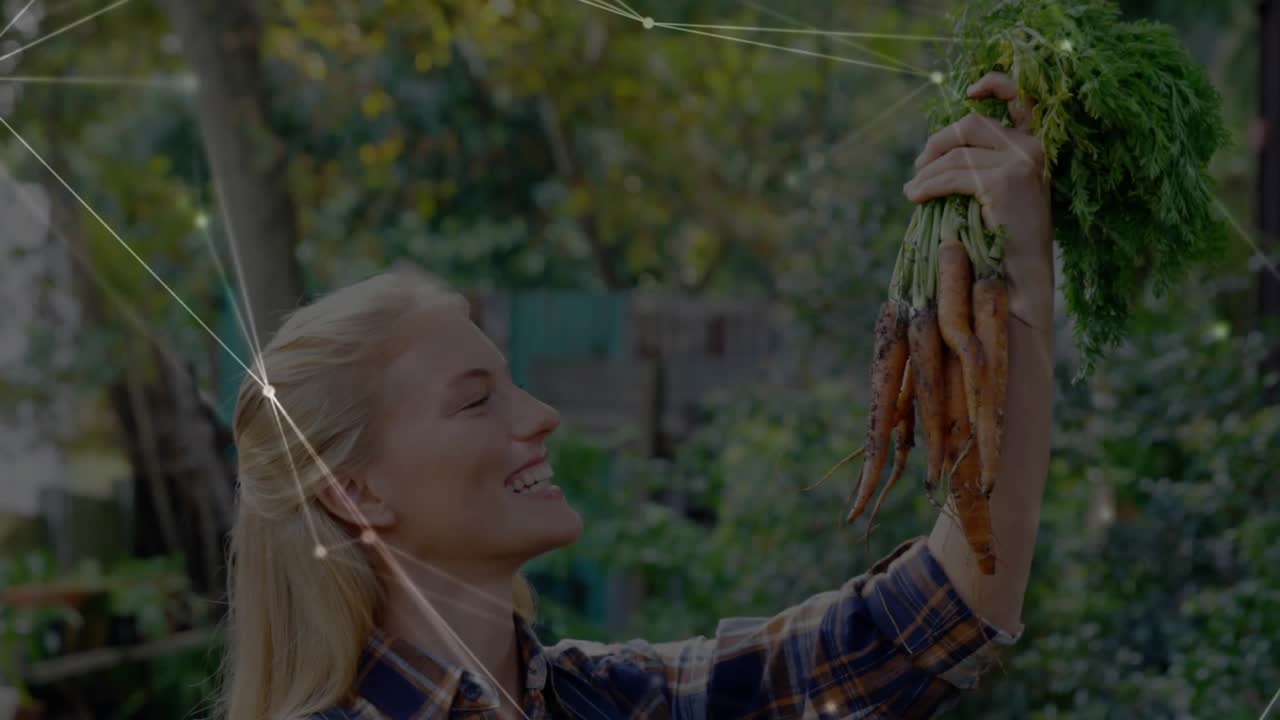 Female gardener lifting harvested carrots in home garden, inspecting vibrant roots for showcase