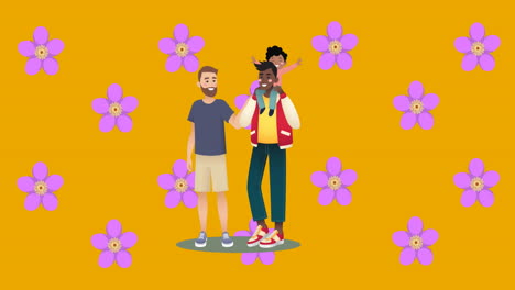 animación de ilustración de padres y hijo gay biraciales felices, con flores púrpuras en naranja