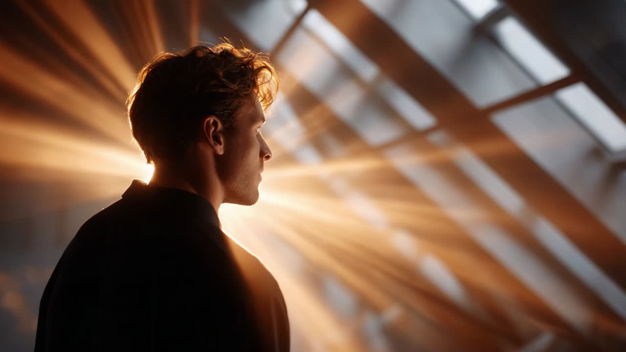A contemplative moment captured in light, showcasing the silhouette of a young man against a backdrop of radiant beams, evoking emotions of introspection, inspiration, and hope within a serene atmosphere