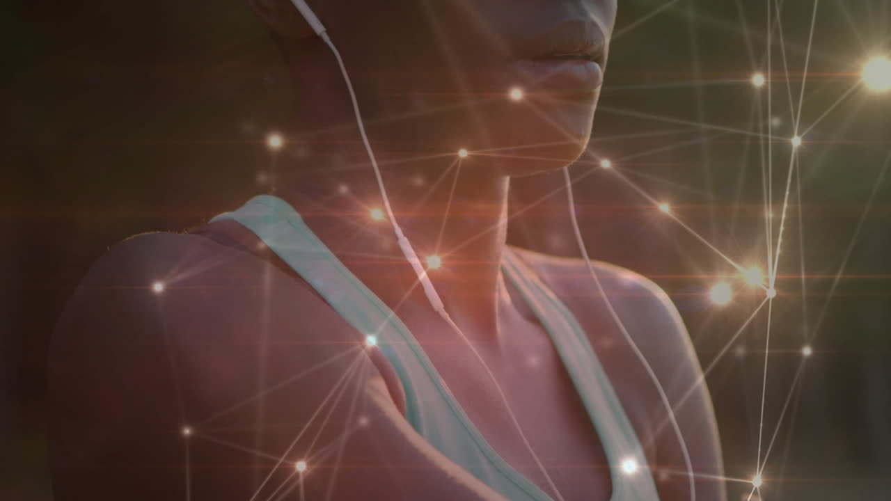 animación de la red de conexiones sobre el ejercicio de estiramiento de la mujer en el bosque