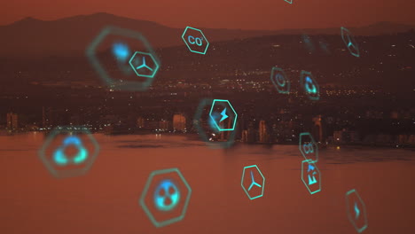 animation of sustainability and ecology icons over landscape