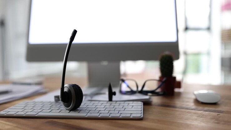 Office desk with headset and computer