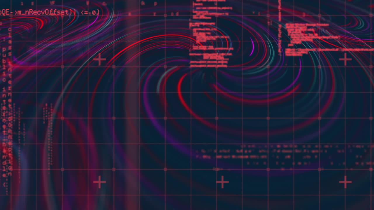 Animation of data processing over colourful lines on black background