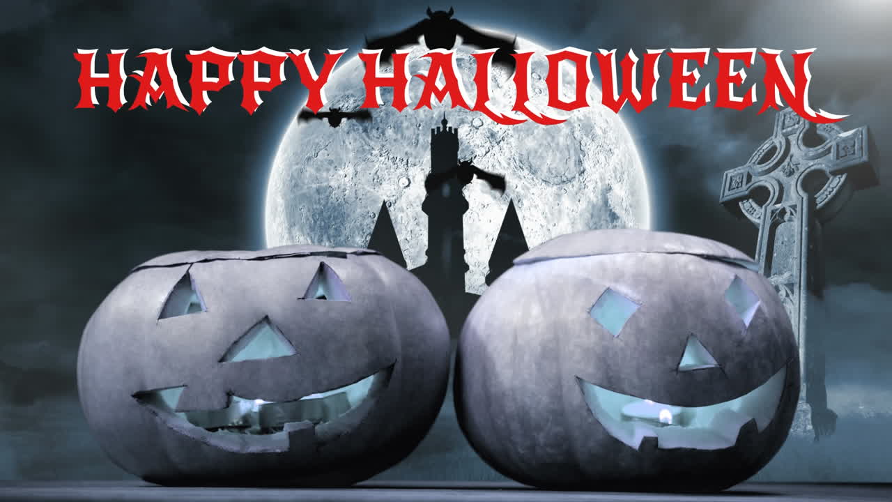 달과 묘지 배경으로 두 개의 잭 오 랜턴 위에 행복한 할로윈 텍스트