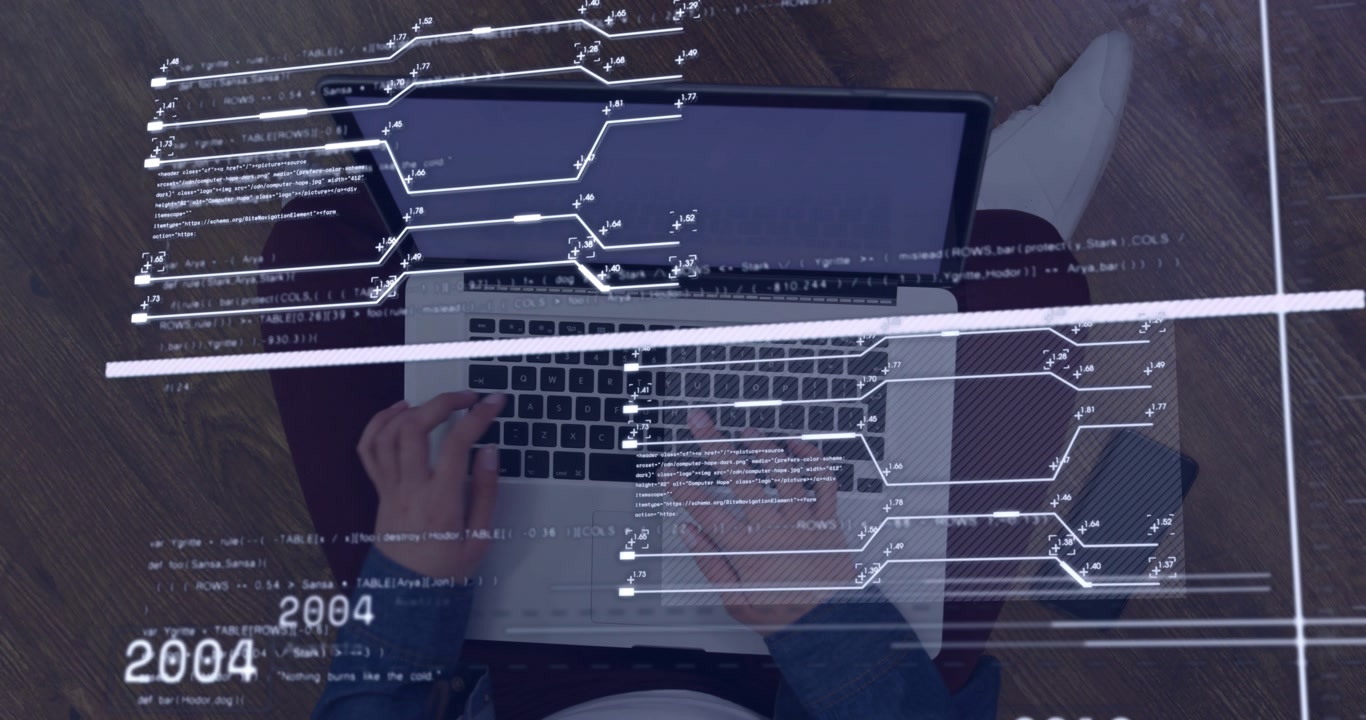 Woman holding smartphone near laptop, starting timeline circuits and guiding typing for tech study