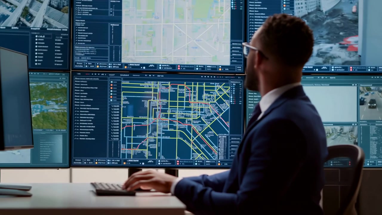 Seated man uses keyboard while watching a wall of dashboards, street maps, route lines, and roadway views, then gestures toward the displays in a bright modern monitoring room.