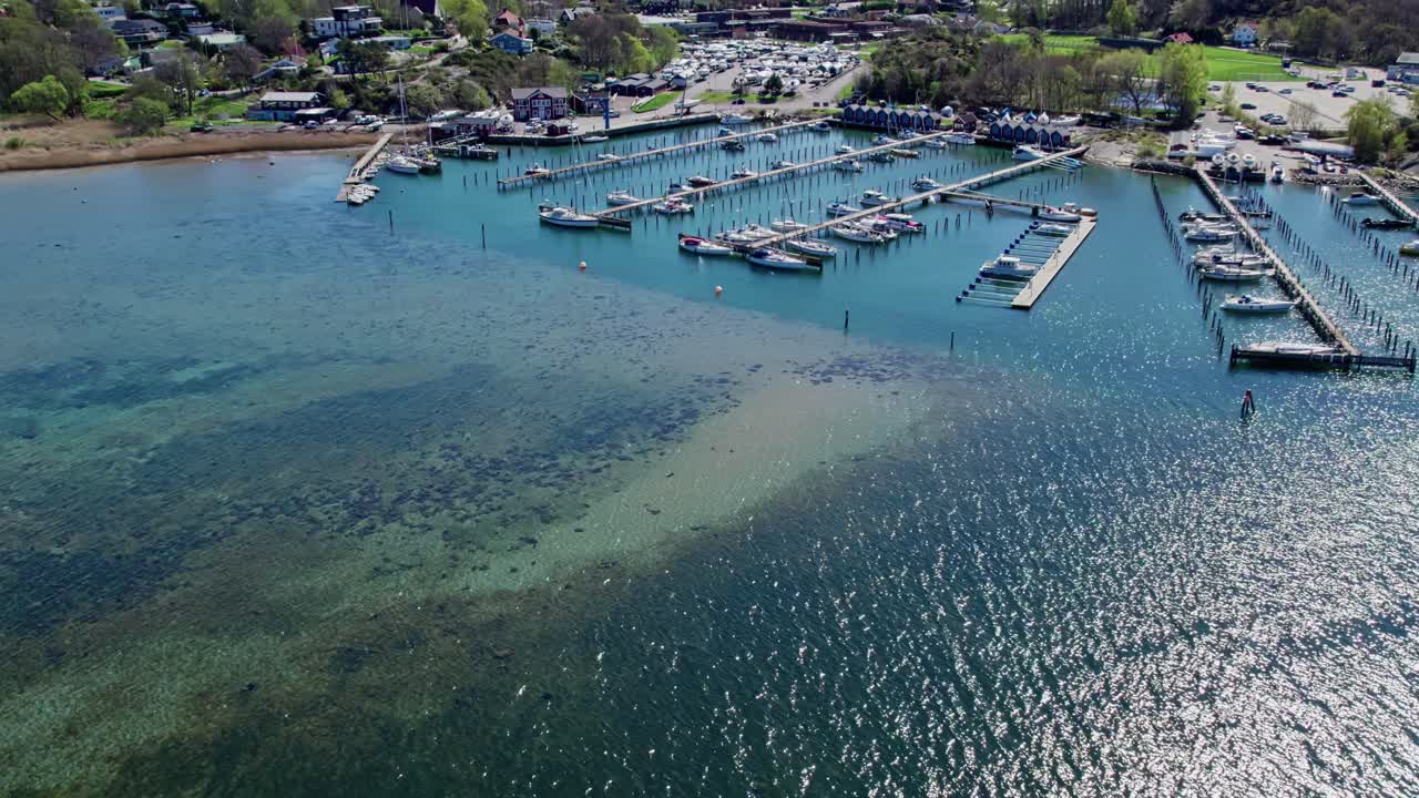 Marina With Moored Boats Near Askimsbadet Beach In Gothenburg, Sweden. Aerial Drone Shot