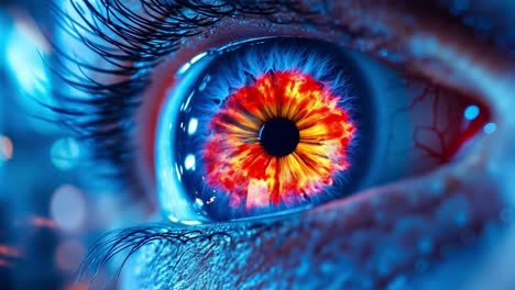 a close up of a person's eye with a red iris