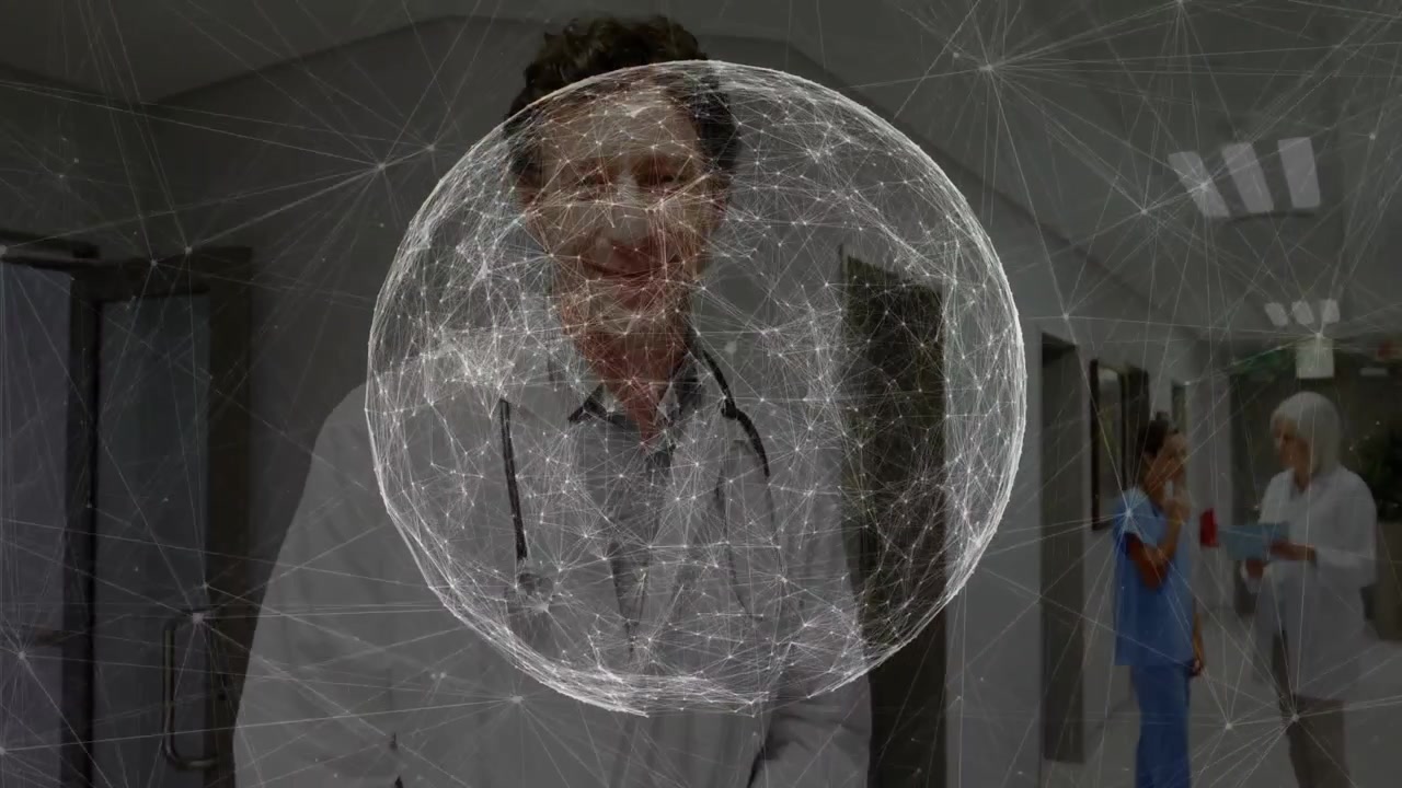 Appare una sfera di rete, un team sanitario esamina una cartella clinica e scambia dati dei pazienti usando un tablet.