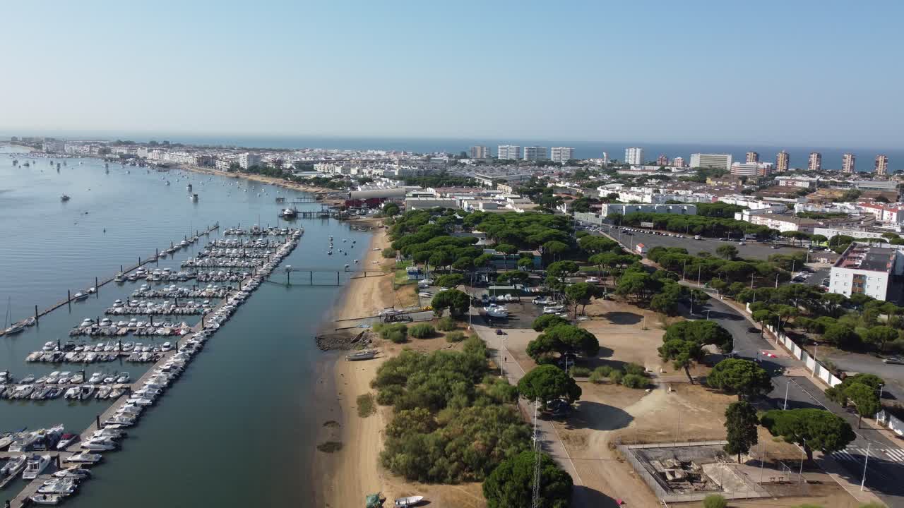 Aerial shot down the river in Punta Umbria