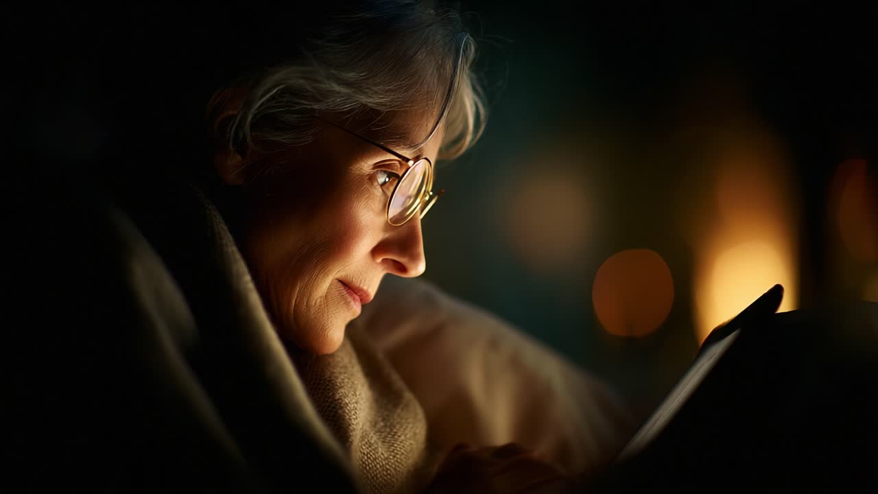 A contemplative moment shared by an elderly woman illuminated by soft lighting while reading a digital device, wrapped in a cozy blanket, reflecting tranquility and warmth in her evening
